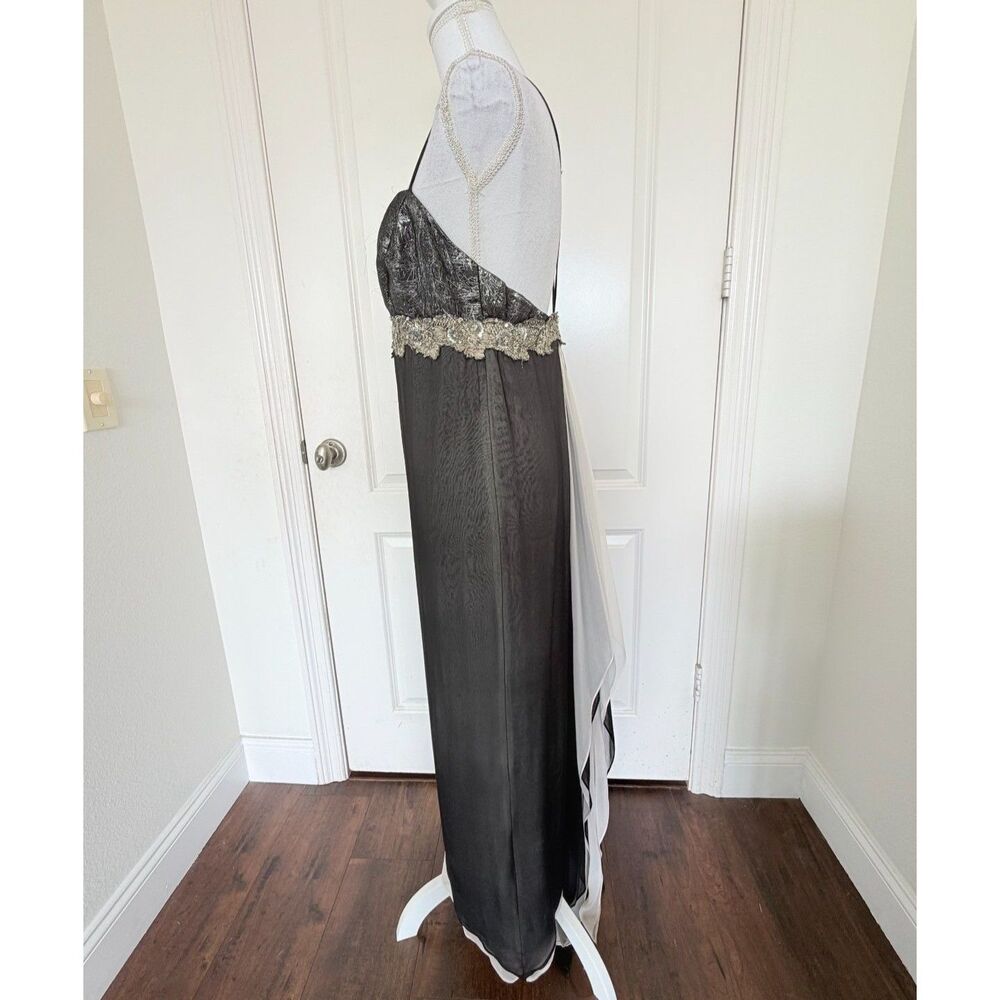 Vtg 90s Del Rosario Silk Halter Maxi Dress Black Silver Beaded Gown 8 - Picture 2 of 12